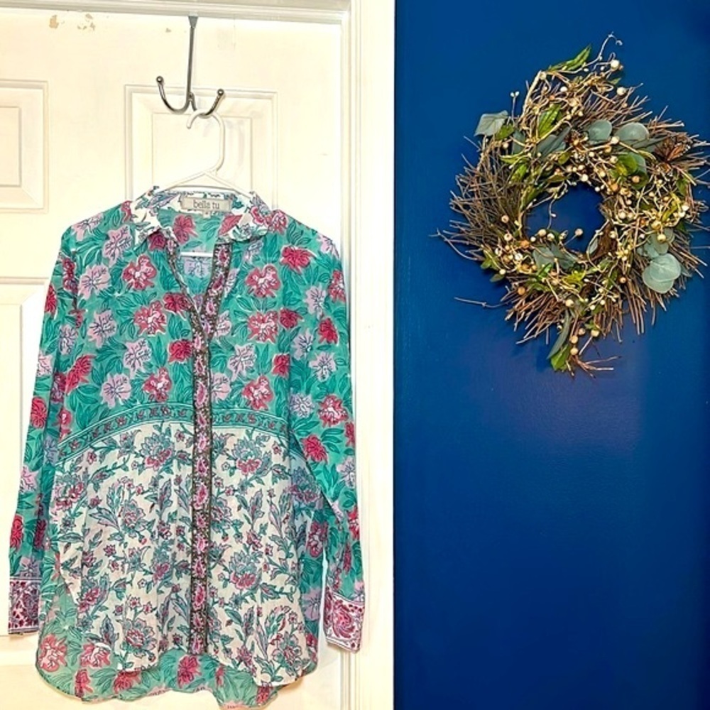 Women’s Bella Tu Floral Camilla 100% Cotton Floral Long Sleeve Blouse Size M